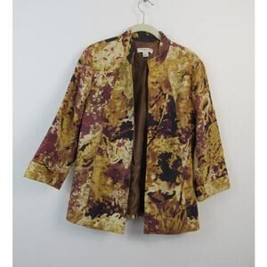 Coldwater Creek Medium Cotton Open Front Jacket Deep Purple Yellow Floral Bold